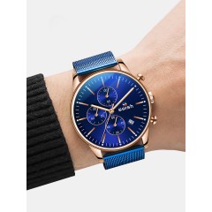 Мужские наручные часы SWISH SW920 (синий циферблат, золотой ободок, синий металлический браслет)