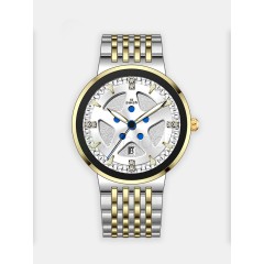 Мужские наручные часы SWISH 0116 (белый циферблат,золотой ободок,  серебряный с золотом стальной браслет)