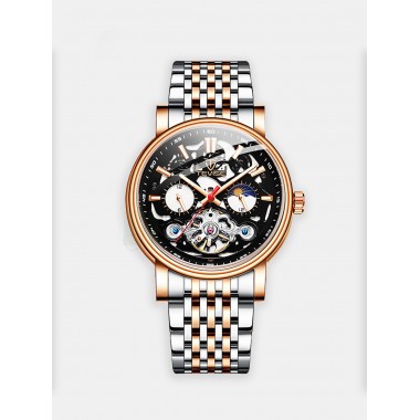 Мужские наручные часы TEVISE Т867 (черный циферблат, розовый ободок,браслет сталь)