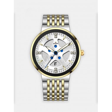 Мужские наручные часы SWISH 0116 (белый циферблат,золотой ободок,  серебряный с золотом стальной браслет)