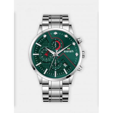 Мужские наручные часы SWISH 0025 (зеленый циферблат, серебристый браслет сталь)