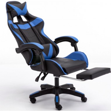Геймерское игровое кресло (Черный с синим, С подставкой для ног, Основание пластик)