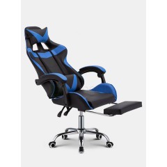 Геймерское игровое кресло (Черный с синим, С подставкой для ног, Основание хром)