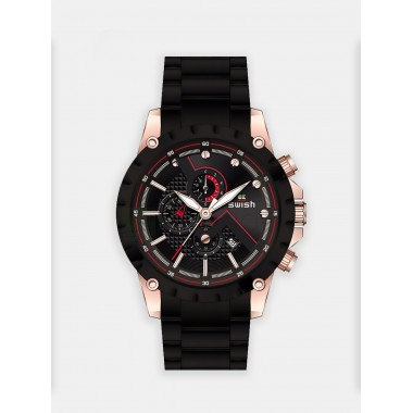 Мужские наручные часы SWISH 121 (черный циферблат, черный с розовым браслет сталь)