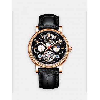 Мужские наручные часы TEVISE Т867 (черный циферблат, розовый ободок,ремешок кожа)
